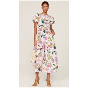 Banjanan Valeria Dress Womens Large Floral Organic Cotton Open Back Tiered Midi
